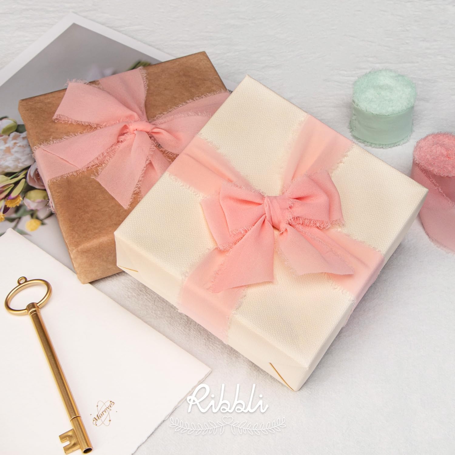 Ribbli Antique Mauve Chiffon Ribbon 1-1/2 inch x 20 Yard Handmade Fringe Chiffon Silk Ribbon,Black Ribbon for Wedding Invitations, Bridal Bouquets Wrapping, Flower Arrangement Decoration(Light Pink)