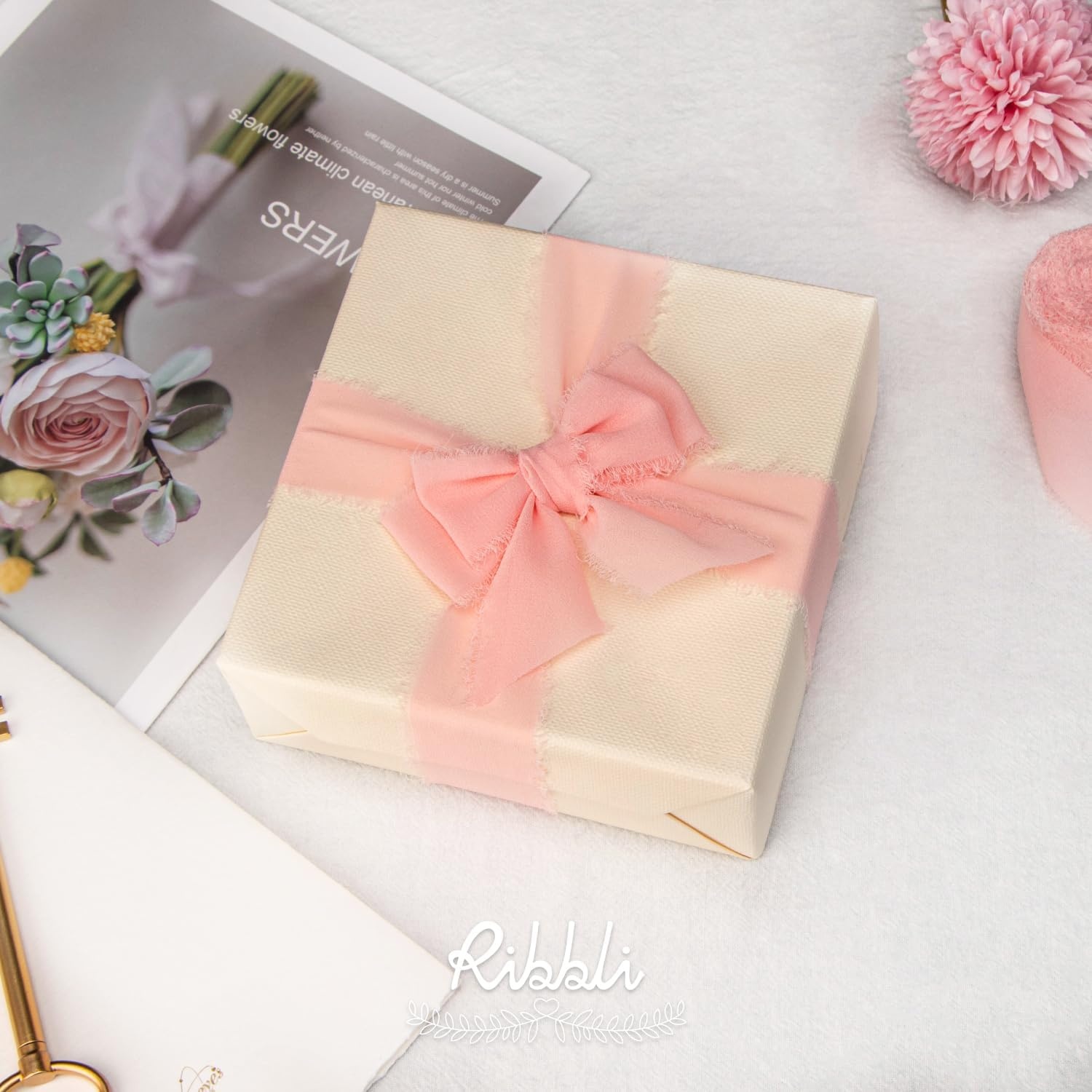 Ribbli Antique Mauve Chiffon Ribbon 1-1/2 inch x 20 Yard Handmade Fringe Chiffon Silk Ribbon,Black Ribbon for Wedding Invitations, Bridal Bouquets Wrapping, Flower Arrangement Decoration(Light Pink)
