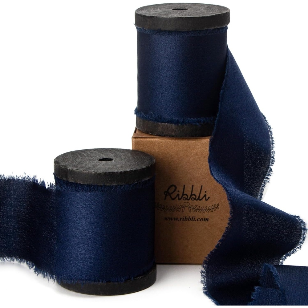 Ribbli Ivory Silk Satin Ribbon 1.5 Inch x 12 Yard Handmade Frayed Chiffon Ribbon with Wooden Spool for Gift Wrapping, Wedding Invitations, Bridal Bouquets, Home Decor(Navy)
