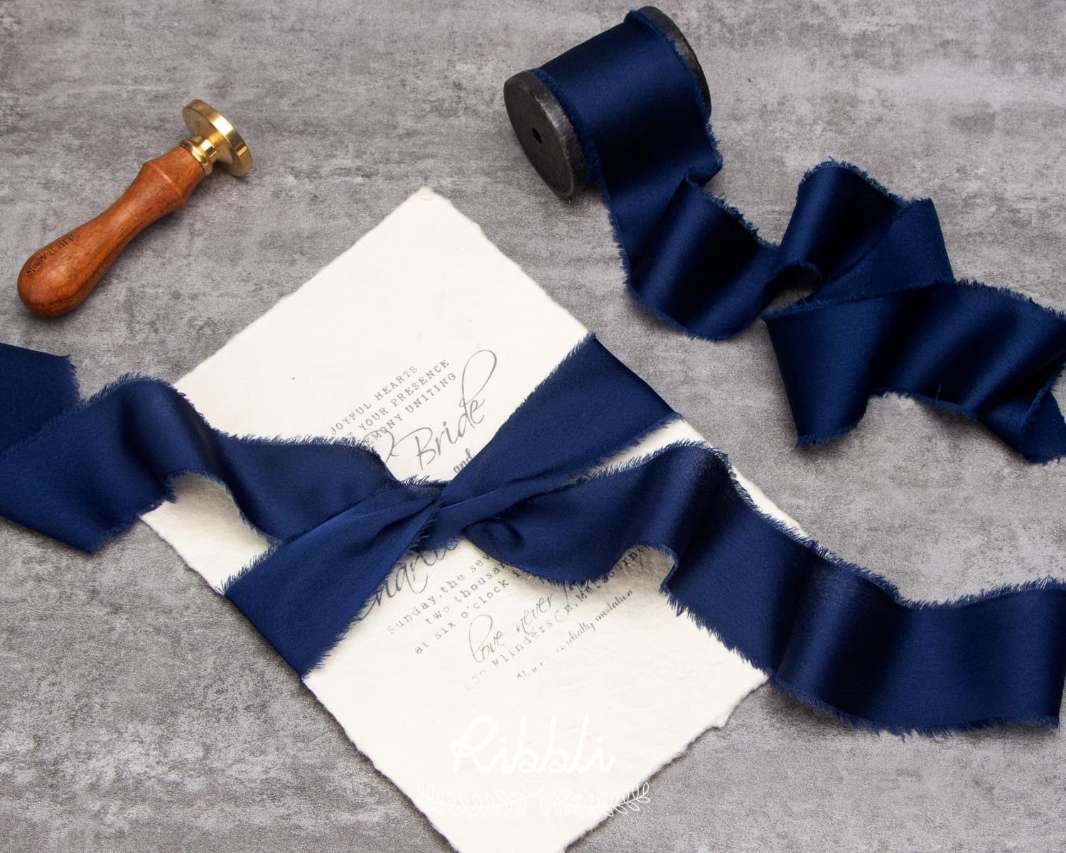 Ribbli Ivory Silk Satin Ribbon 1.5 Inch x 12 Yard Handmade Frayed Chiffon Ribbon with Wooden Spool for Gift Wrapping, Wedding Invitations, Bridal Bouquets, Home Decor(Navy)