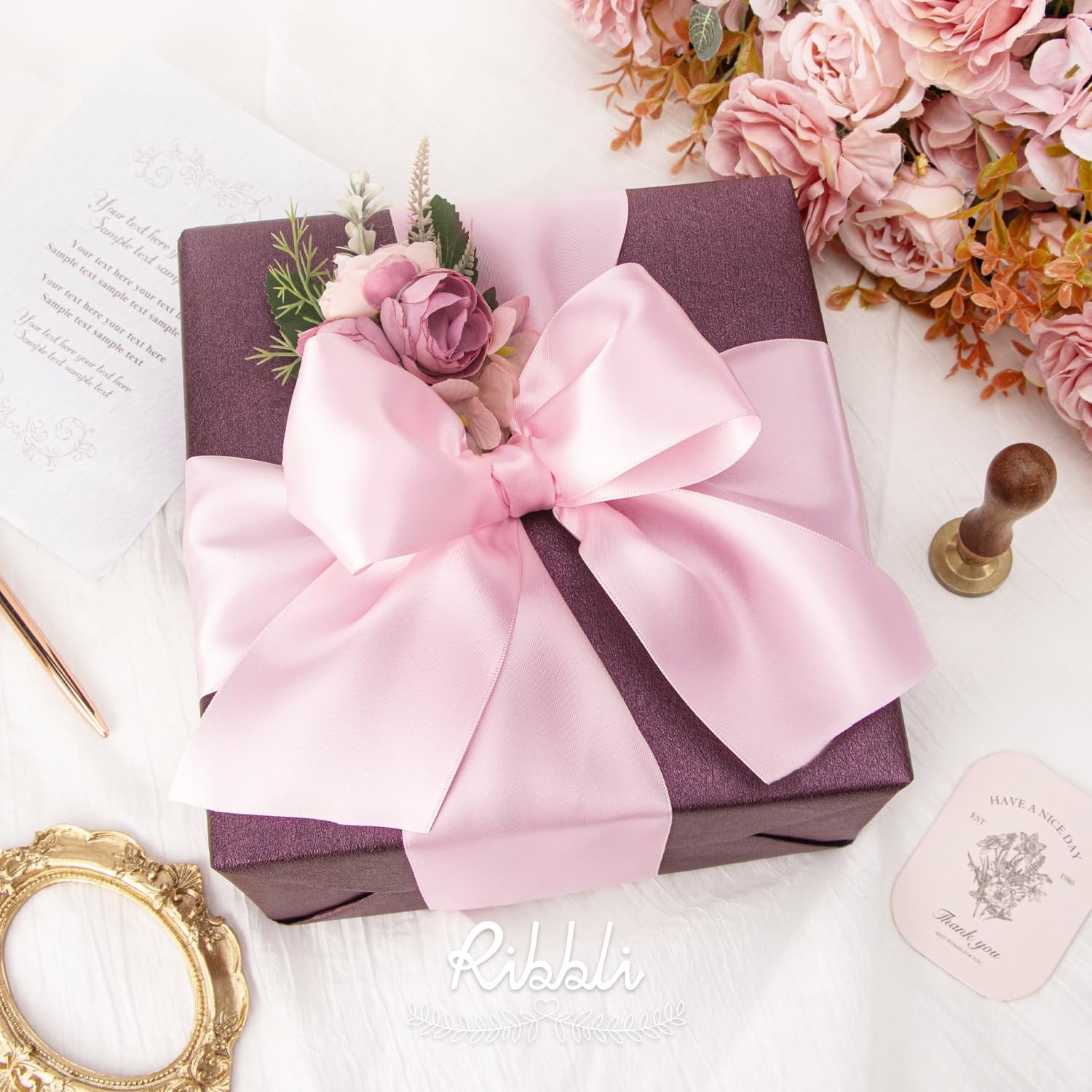 Ribbli Purple Satin Ribbon 2 Inch x Continuous 10 Yards, Double Faced Satin Ribbon Use for Bows Bouquet,Gift Wrapping,Floral Arrangement,Wedding Decoration(Pink Light)