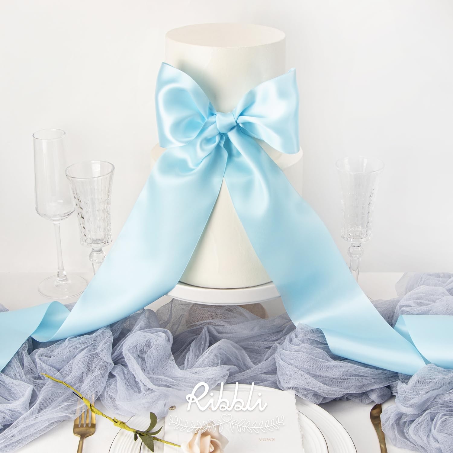 Ribbli Purple Satin Ribbon 2 Inch x Continuous 10 Yards, Double Faced Satin Ribbon Use for Bows Bouquet,Gift Wrapping,Floral Arrangement,Wedding Decoration(Blue Light)