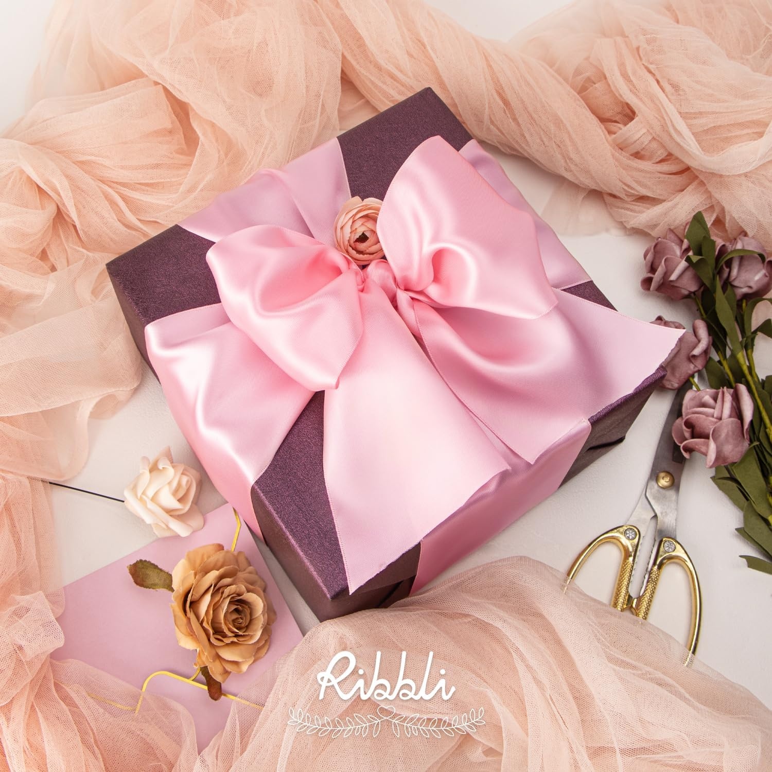 Ribbli Purple Satin Ribbon 2 Inch x Continuous 10 Yards, Double Faced Satin Ribbon Use for Bows Bouquet,Gift Wrapping,Floral Arrangement,Wedding Decoration(Pink)
