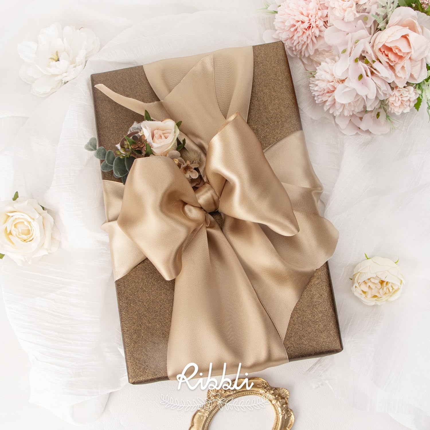 Ribbli Purple Satin Ribbon 2 Inch x Continuous 10 Yards, Double Faced Satin Ribbon Use for Bows Bouquet,Gift Wrapping,Floral Arrangement,Wedding Decoration(Champagne Gold)