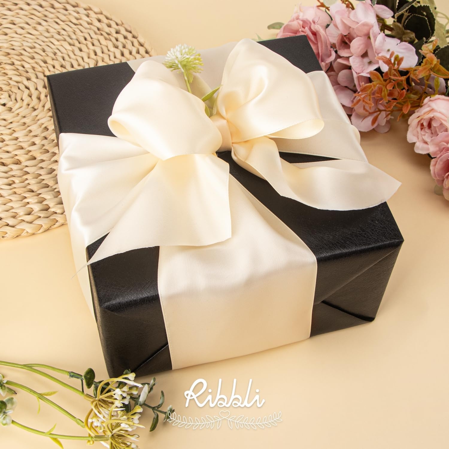 Ribbli Purple Satin Ribbon 2 Inch x Continuous 10 Yards, Double Faced Satin Ribbon Use for Bows Bouquet,Gift Wrapping,Floral Arrangement,Wedding Decoration(Cream)