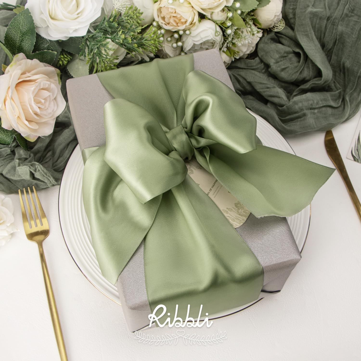 Ribbli Purple Satin Ribbon 2 Inch x Continuous 10 Yards, Double Faced Satin Ribbon Use for Bows Bouquet,Gift Wrapping,Floral Arrangement,Wedding Decoration(Green Dusty Sage)