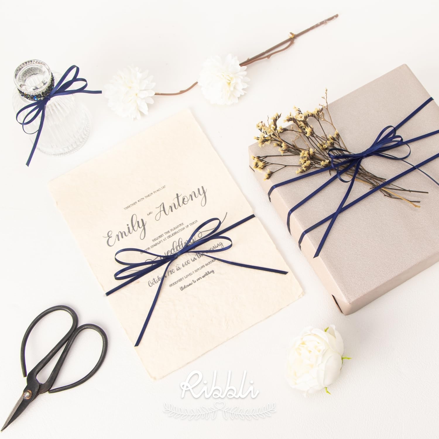 Ribbli Royal Blue Double Faced Satin Ribbon,1/8 x Continuous 50 Yards,Use for Bows Bouquet,Gift Wrapping,Wedding Card Decoration,Floral Arrangement(Blue Navy)