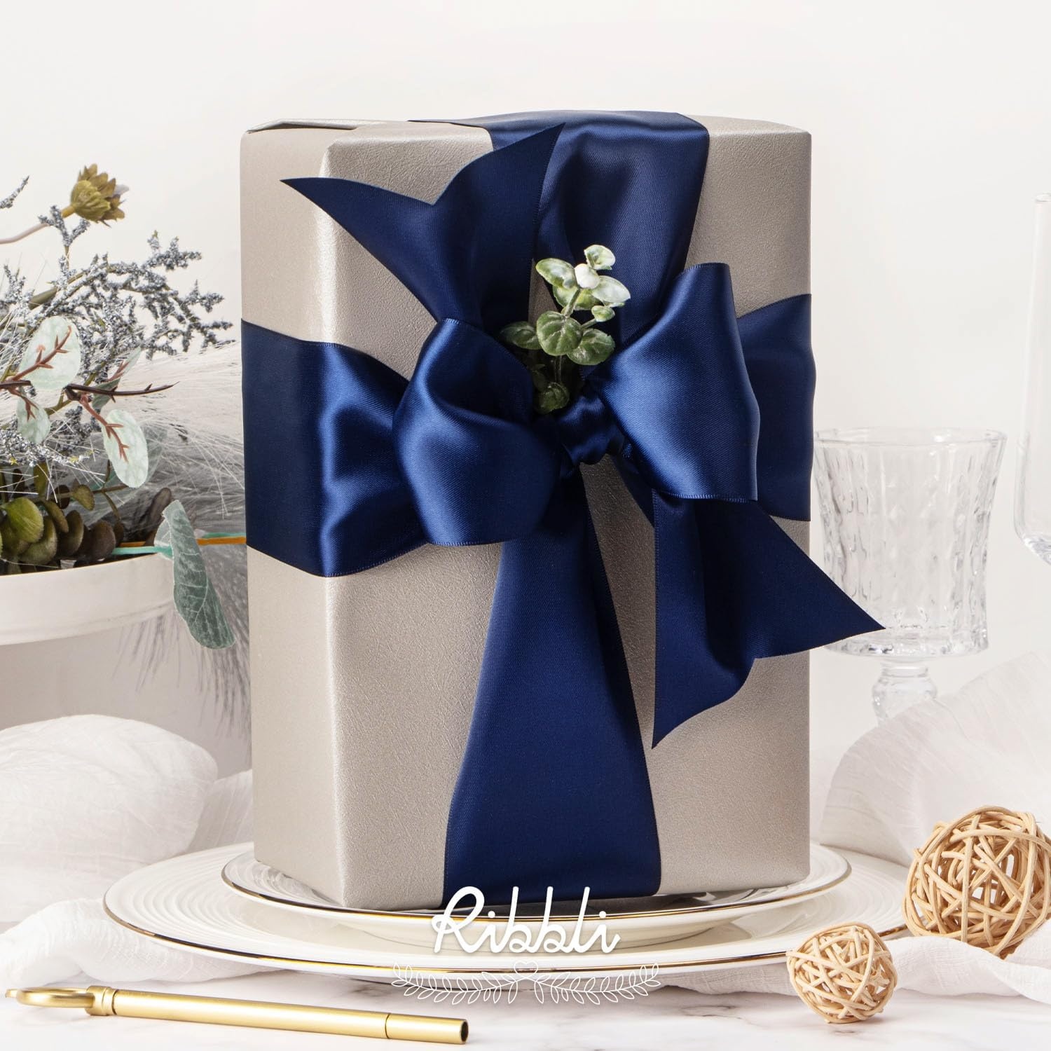 Ribbli Purple Satin Ribbon 2 Inch x Continuous 10 Yards, Double Faced Satin Ribbon Use for Bows Bouquet,Gift Wrapping,Floral Arrangement,Wedding Decoration(Blue Navy)