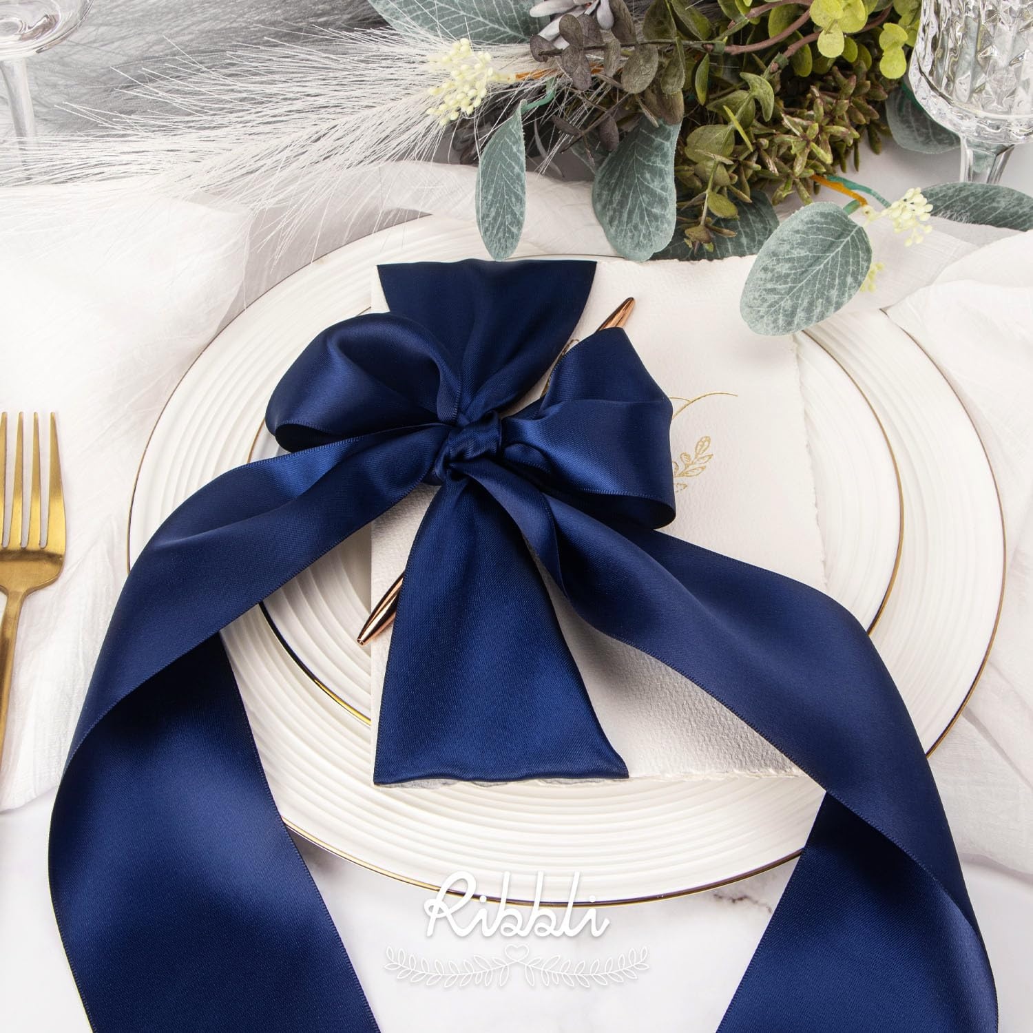 Ribbli Purple Satin Ribbon 2 Inch x Continuous 10 Yards, Double Faced Satin Ribbon Use for Bows Bouquet,Gift Wrapping,Floral Arrangement,Wedding Decoration(Blue Navy)