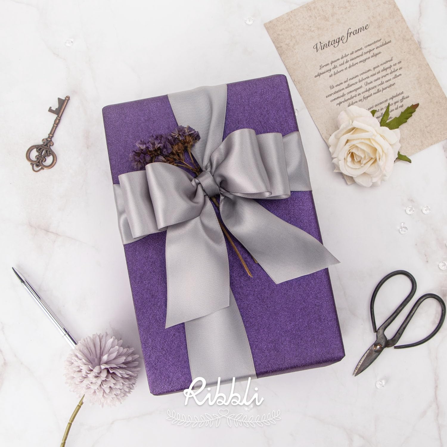 Ribbli Purple Satin Ribbon 2 Inch x Continuous 10 Yards, Double Faced Satin Ribbon Use for Bows Bouquet,Gift Wrapping,Floral Arrangement,Wedding Decoration(Silver)