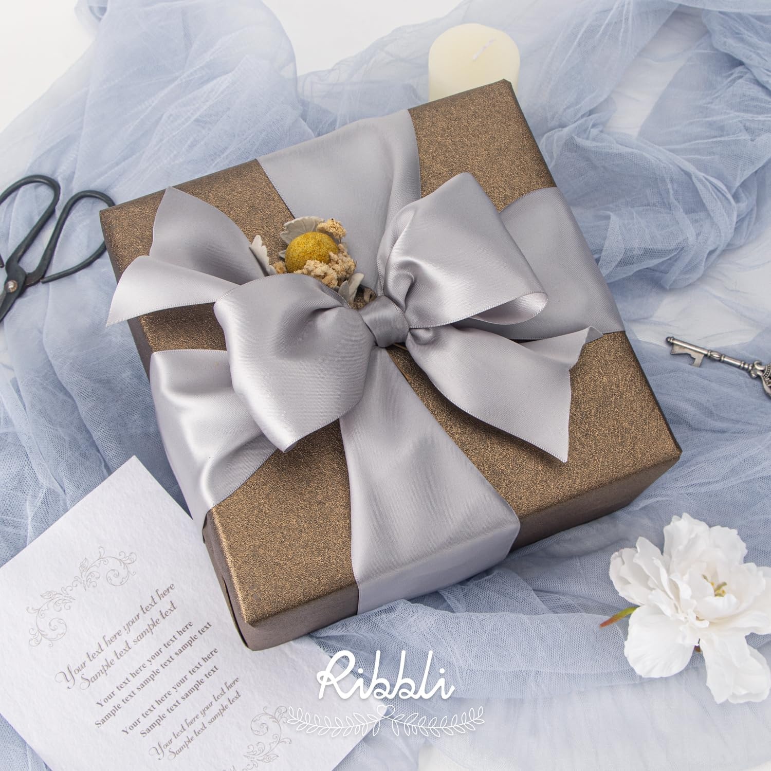 Ribbli Purple Satin Ribbon 2 Inch x Continuous 10 Yards, Double Faced Satin Ribbon Use for Bows Bouquet,Gift Wrapping,Floral Arrangement,Wedding Decoration(Silver)