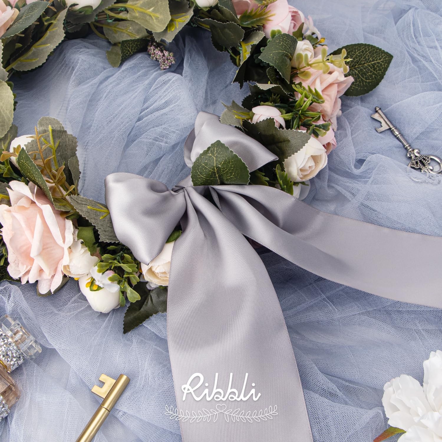 Ribbli Purple Satin Ribbon 2 Inch x Continuous 10 Yards, Double Faced Satin Ribbon Use for Bows Bouquet,Gift Wrapping,Floral Arrangement,Wedding Decoration(Silver)