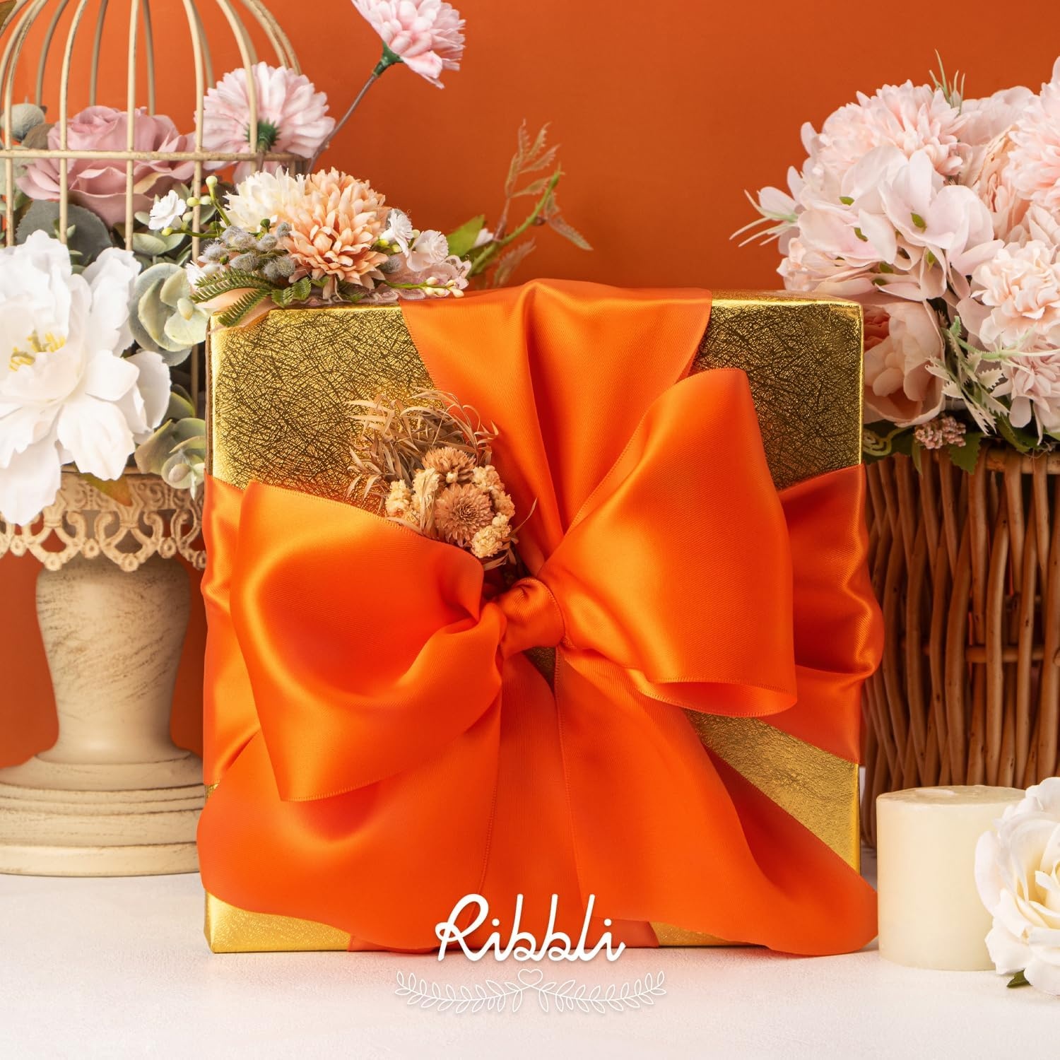 Ribbli Purple Satin Ribbon 2 Inch x Continuous 10 Yards, Double Faced Satin Ribbon Use for Bows Bouquet,Gift Wrapping,Floral Arrangement,Wedding Decoration(Orange Torrid)