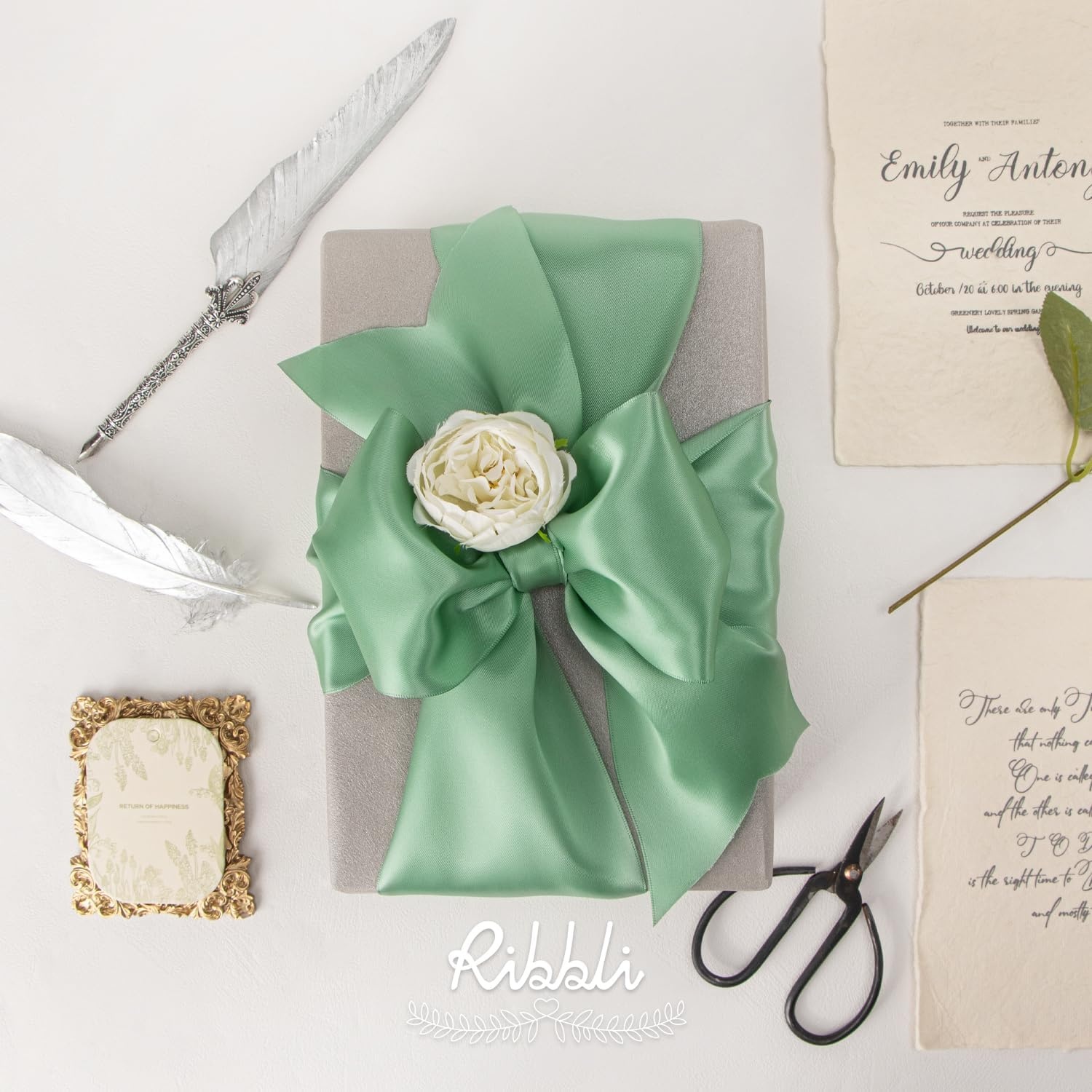 Ribbli Purple Satin Ribbon 2 Inch x Continuous 10 Yards, Double Faced Satin Ribbon Use for Bows Bouquet,Gift Wrapping,Floral Arrangement,Wedding Decoration(Green Sage)