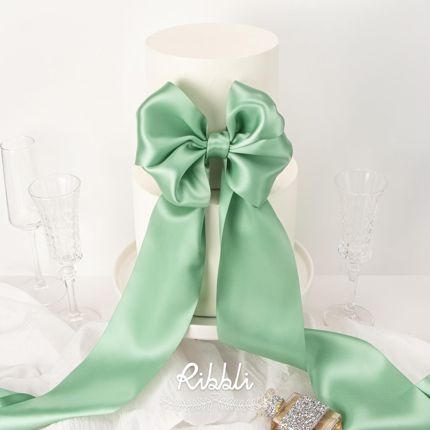 Ribbli Purple Satin Ribbon 2 Inch x Continuous 10 Yards, Double Faced Satin Ribbon Use for Bows Bouquet,Gift Wrapping,Floral Arrangement,Wedding Decoration(Green Sage)