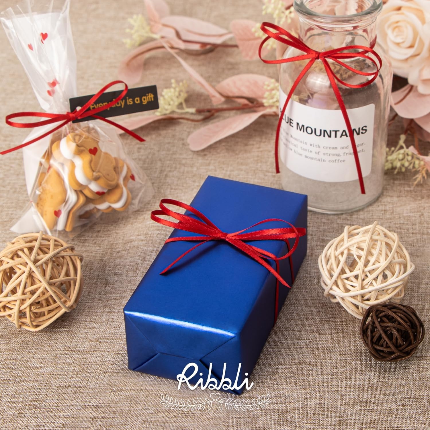Ribbli Royal Blue Double Faced Satin Ribbon,1/8 x Continuous 50 Yards,Use for Bows Bouquet,Gift Wrapping,Wedding Card Decoration,Floral Arrangement(Red)