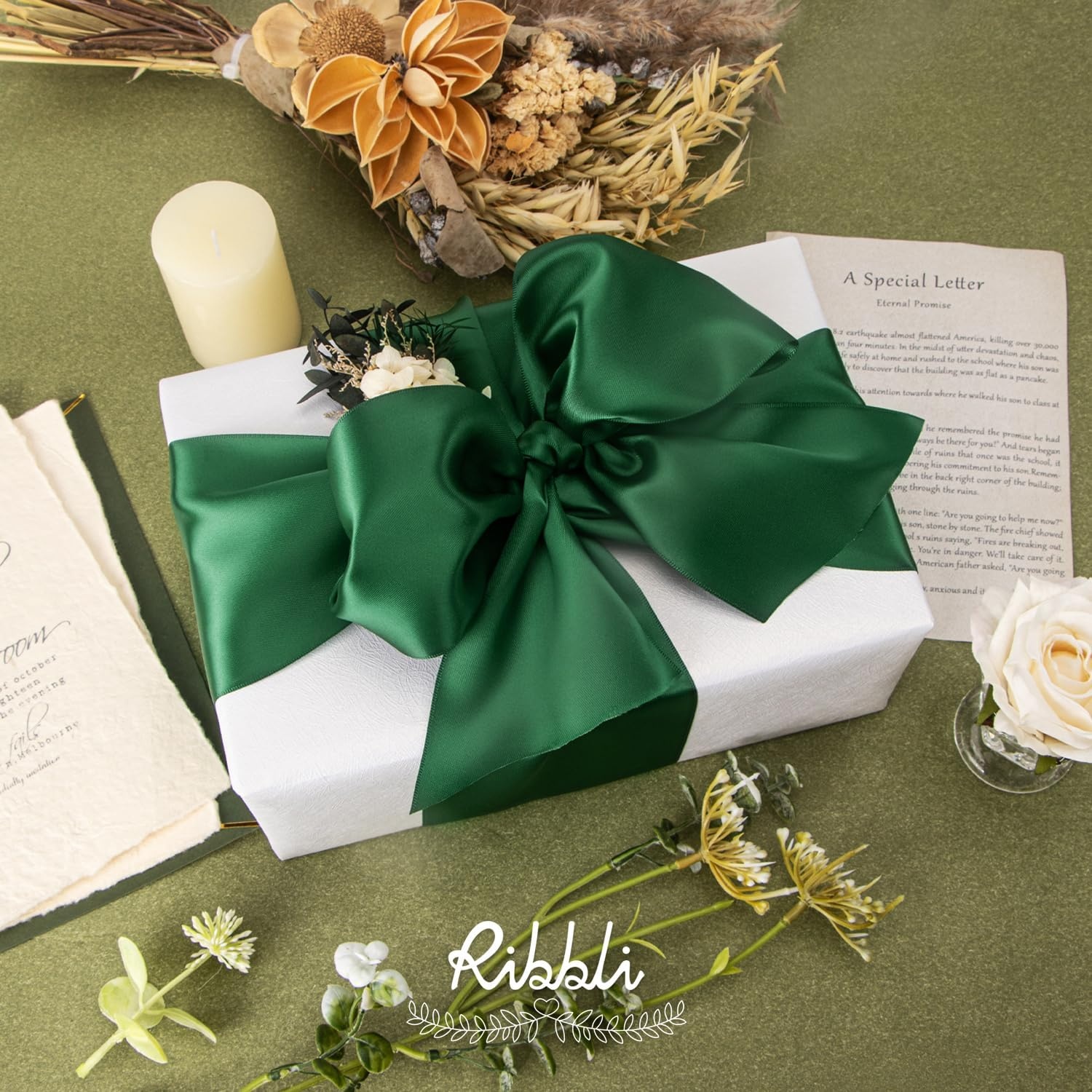 Ribbli Purple Satin Ribbon 2 Inch x Continuous 10 Yards, Double Faced Satin Ribbon Use for Bows Bouquet,Gift Wrapping,Floral Arrangement,Wedding Decoration(Green Forest)