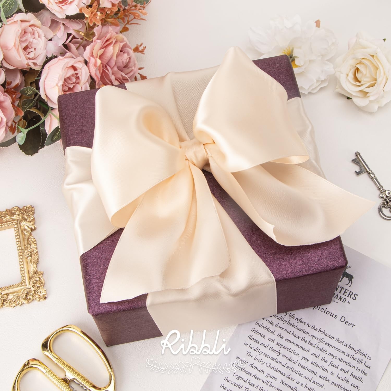 Ribbli Purple Satin Ribbon 2 Inch x Continuous 10 Yards, Double Faced Satin Ribbon Use for Bows Bouquet,Gift Wrapping,Floral Arrangement,Wedding Decoration(Champagne Pink)