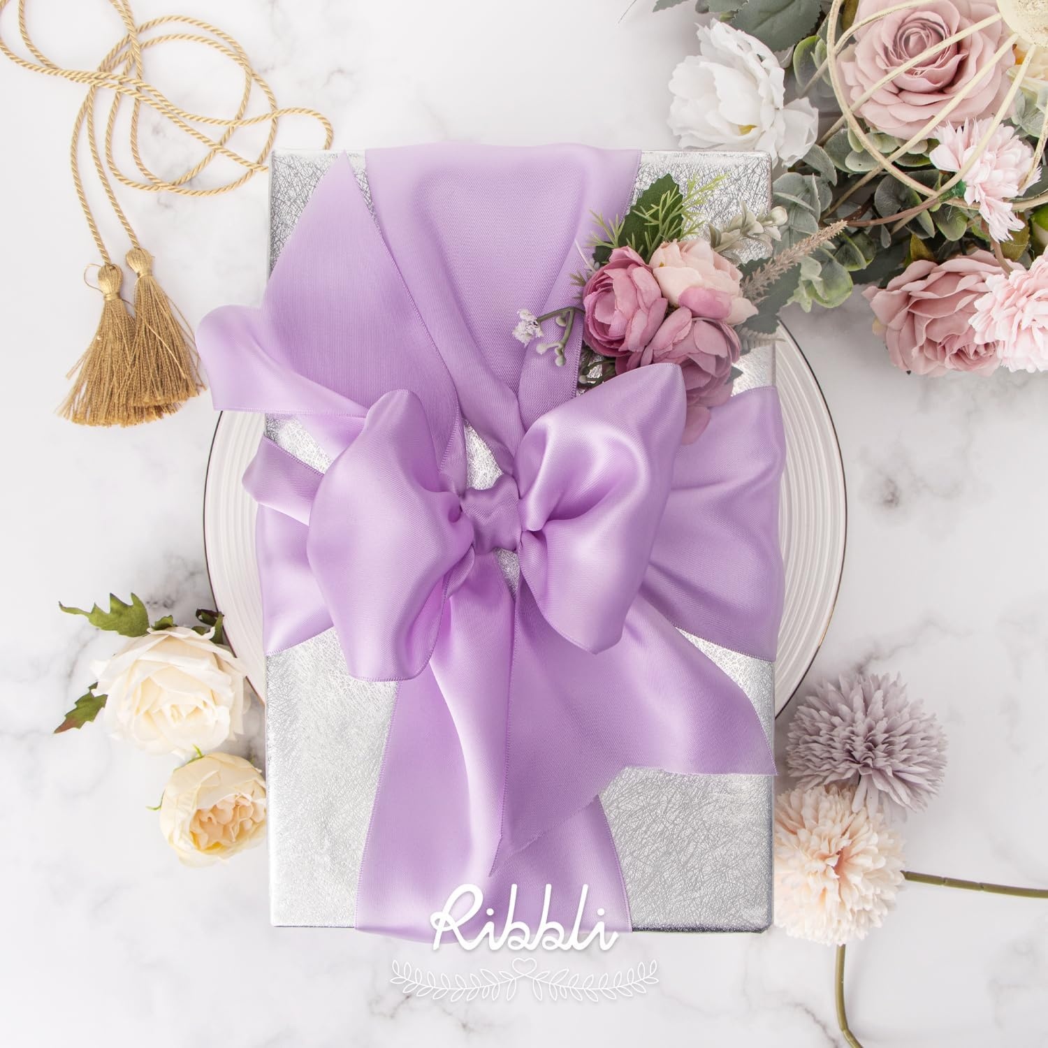 Ribbli Purple Satin Ribbon 2 Inch x Continuous 10 Yards, Double Faced Satin Ribbon Use for Bows Bouquet,Gift Wrapping,Floral Arrangement,Wedding Decoration(Light Orchid)