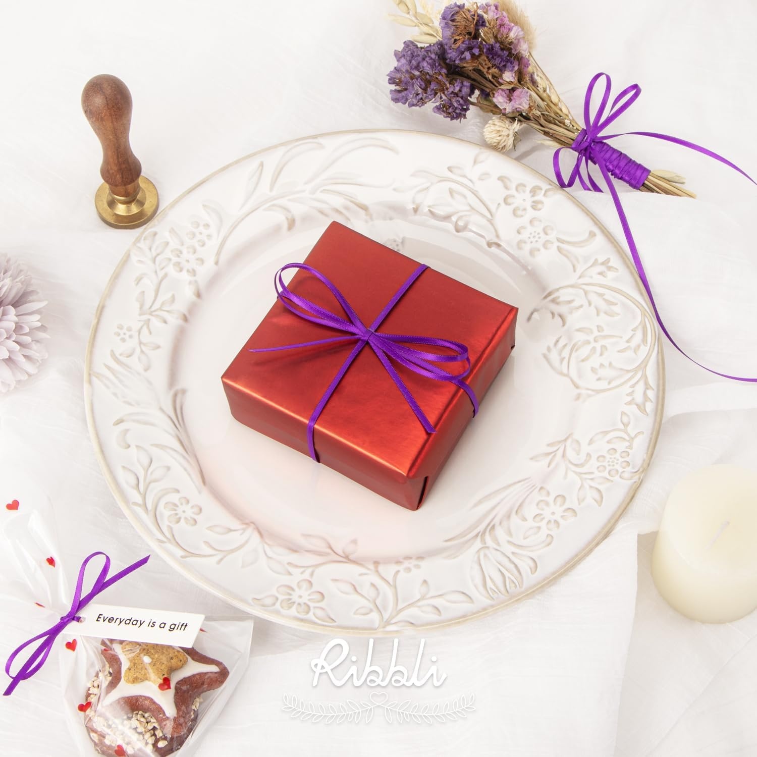 Ribbli Royal Blue Double Faced Satin Ribbon,1/8 x Continuous 50 Yards,Use for Bows Bouquet,Gift Wrapping,Wedding Card Decoration,Floral Arrangement(Purple)