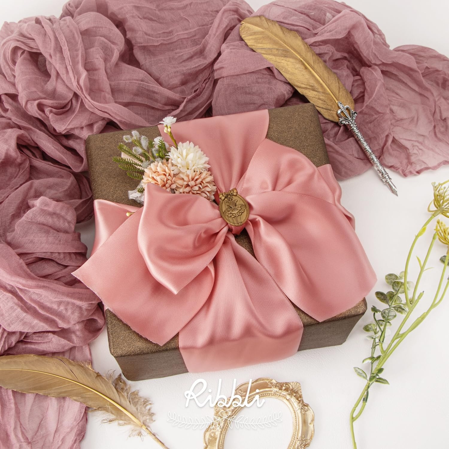 Ribbli Purple Satin Ribbon 2 Inch x Continuous 10 Yards, Double Faced Satin Ribbon Use for Bows Bouquet,Gift Wrapping,Floral Arrangement,Wedding Decoration(Rose Gold)