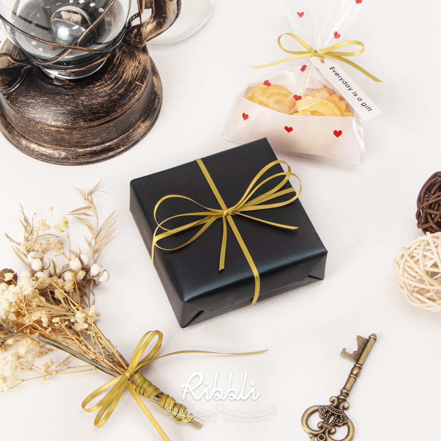 Ribbli Double Faced Black Satin Ribbon,1/8 x Continuous 50 Yards,Use for Bows Bouquet,Gift Wrapping,Floral Arrangement(Gold)