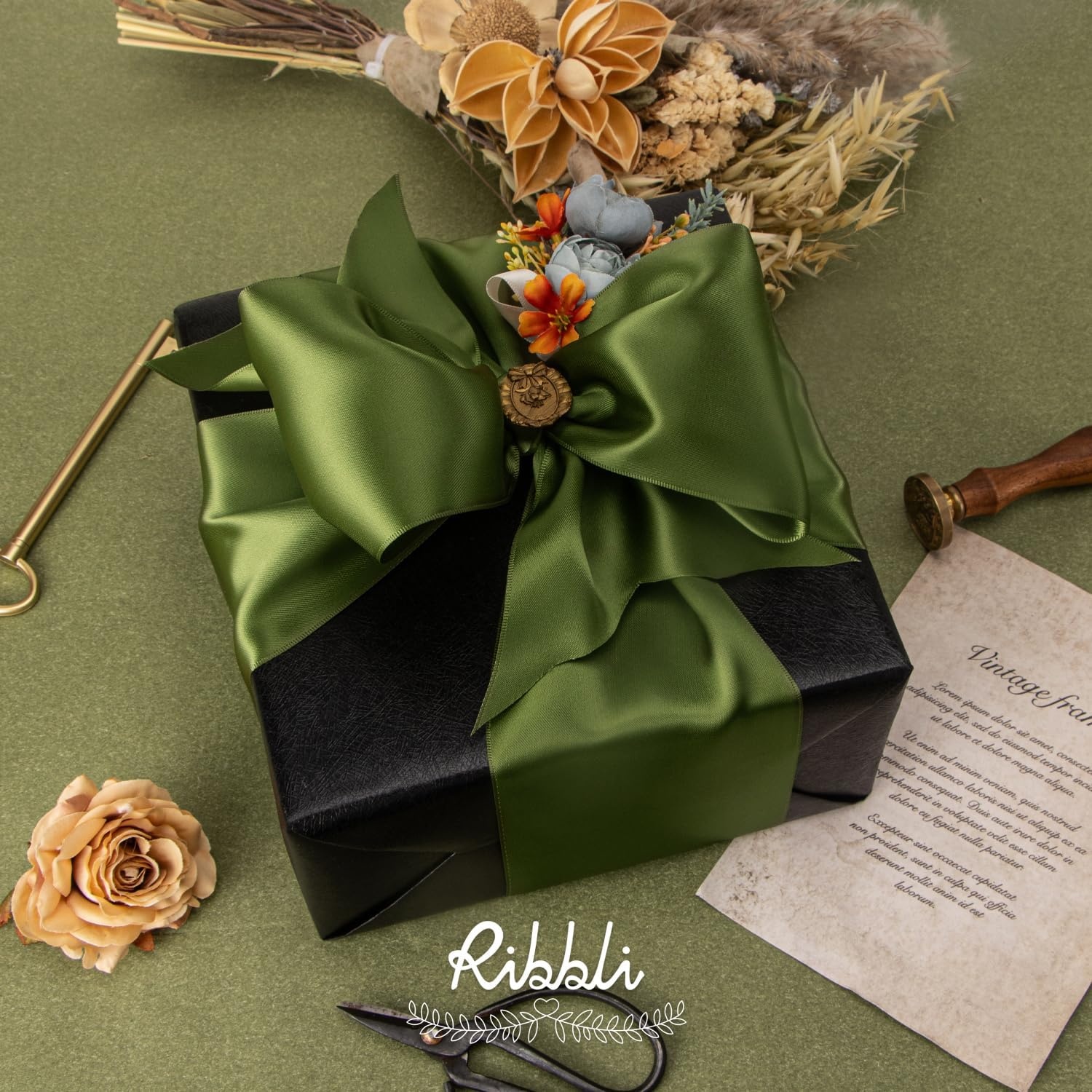 Ribbli Purple Satin Ribbon 2 Inch x Continuous 10 Yards, Double Faced Satin Ribbon Use for Bows Bouquet,Gift Wrapping,Floral Arrangement,Wedding Decoration(Green Moss)