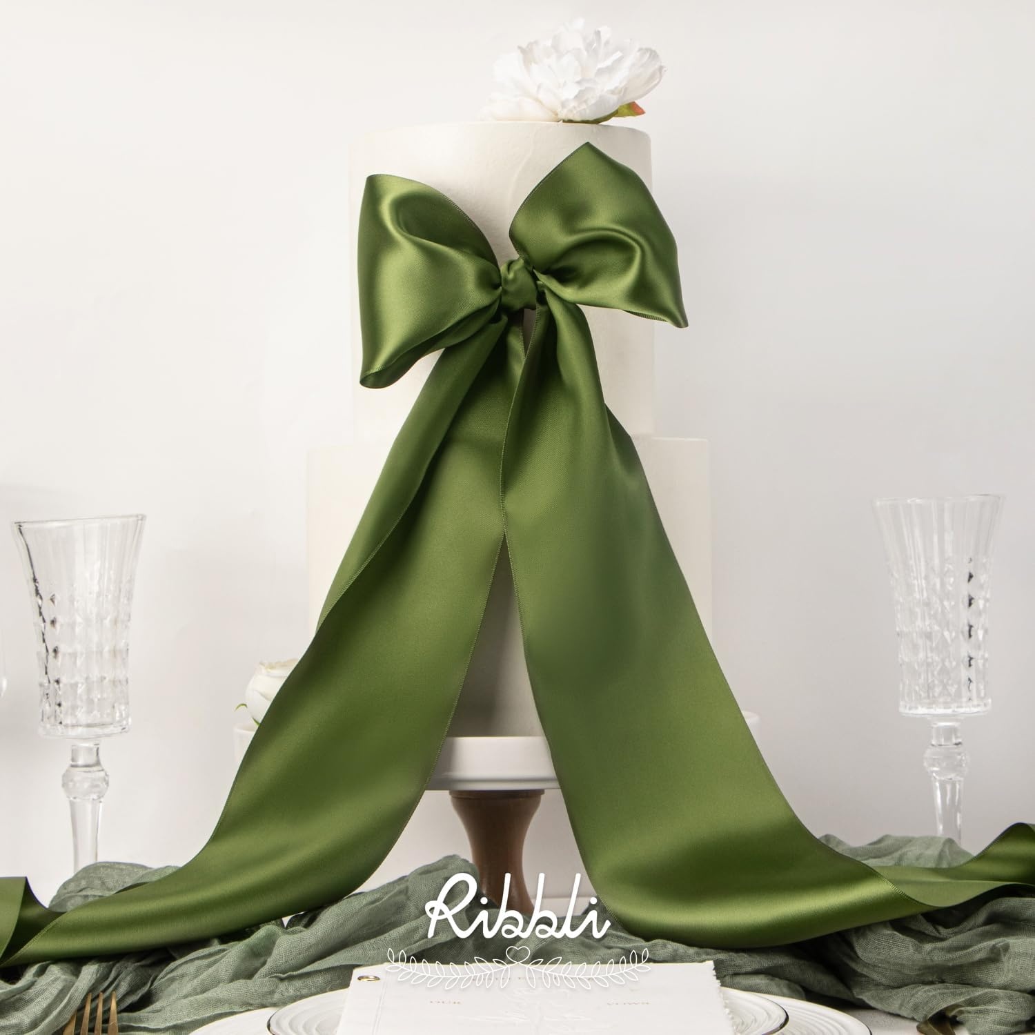 Ribbli Purple Satin Ribbon 2 Inch x Continuous 10 Yards, Double Faced Satin Ribbon Use for Bows Bouquet,Gift Wrapping,Floral Arrangement,Wedding Decoration(Green Moss)