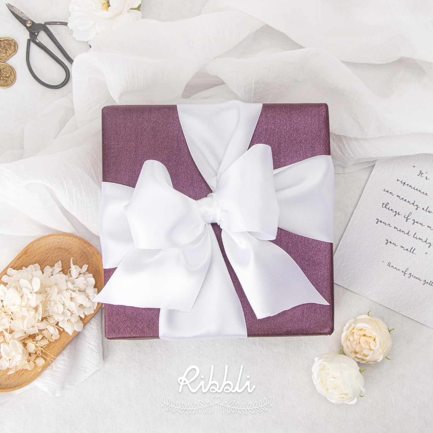 Ribbli Purple Satin Ribbon 2 Inch x Continuous 10 Yards, Double Faced Satin Ribbon Use for Bows Bouquet,Gift Wrapping,Floral Arrangement,Wedding Decoration(White)