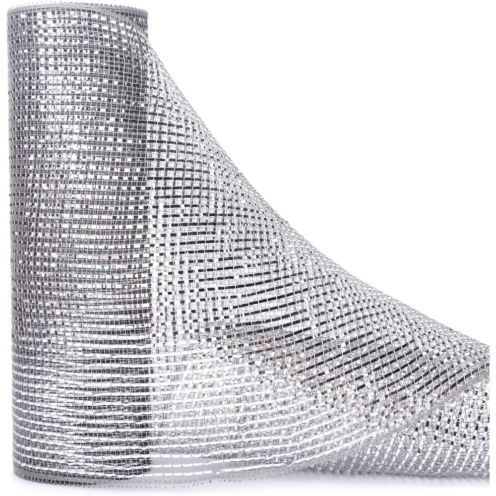 Ribbli White Metallic Mesh Ribbon, 10 inch x 30 feet(10Yard), White with Iridescent Wide Foil, Christmas Ribbon for Wreath Swags and Christmas Tree(Silver)