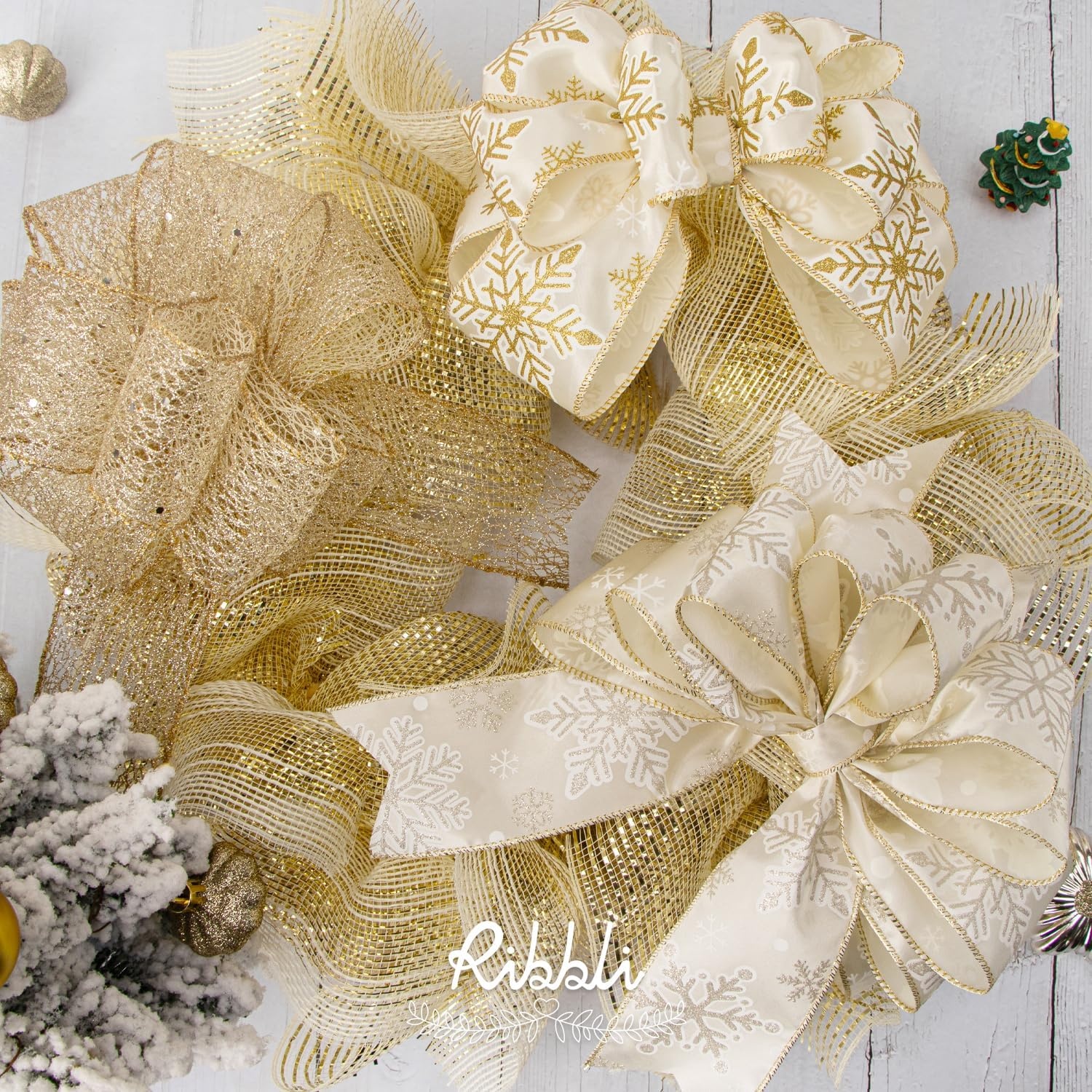 Ribbli Jute Burlap Mesh Ribbon,10 inch x 30 feet(10Yard), Natural with Jute and Gold Foil, Christmas Ribbon for Wreath Swags and Christmas Tree Decoration(Cream/Champagne)