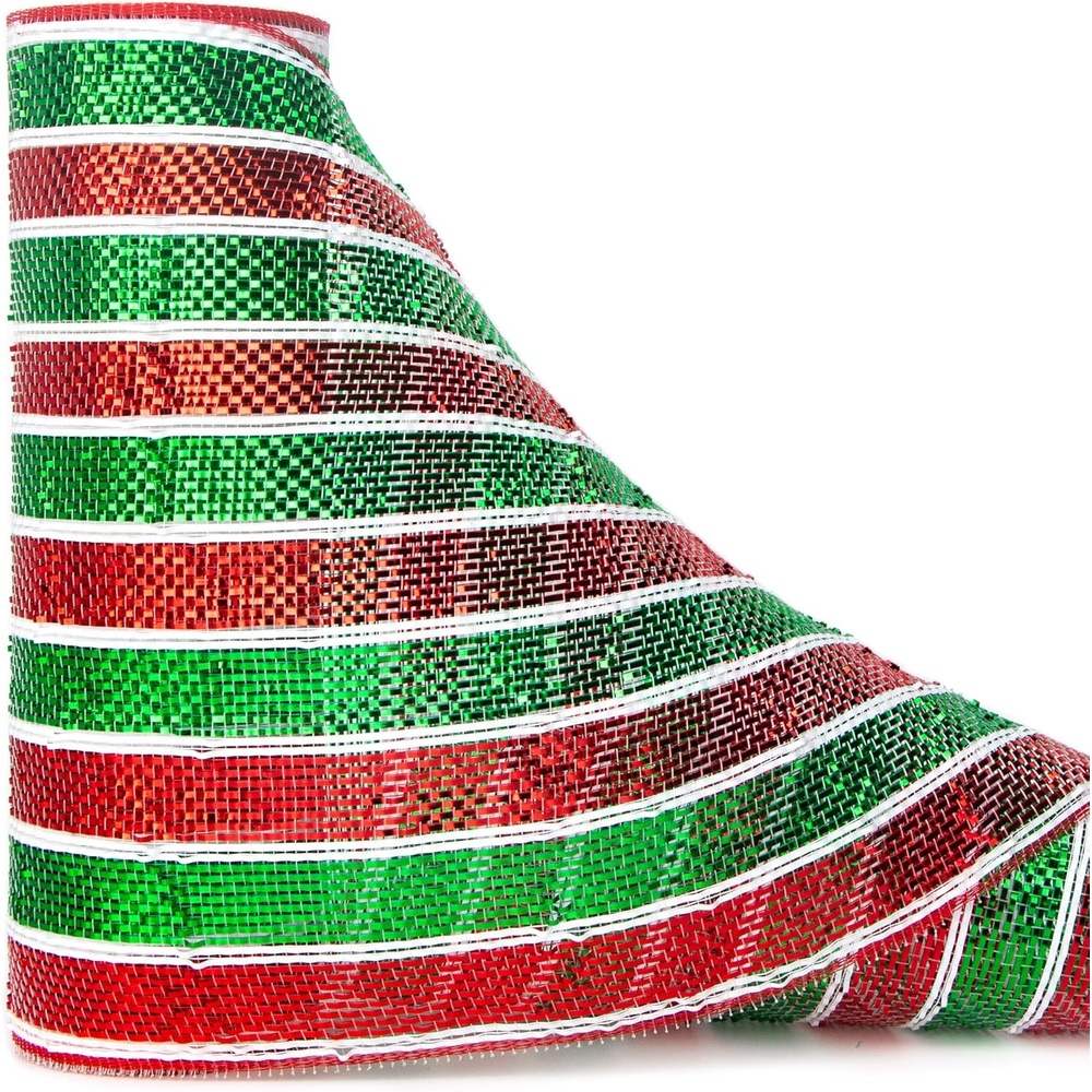Ribbli Champagne Gold Metallic Mesh Ribbon Champagne Gold Deluxe Foil Christmas Ribbon for Christmas Tree Wreath Swags Wedding Garland 10 inch x 30 feet(10Yard)(Red/Green/White)
