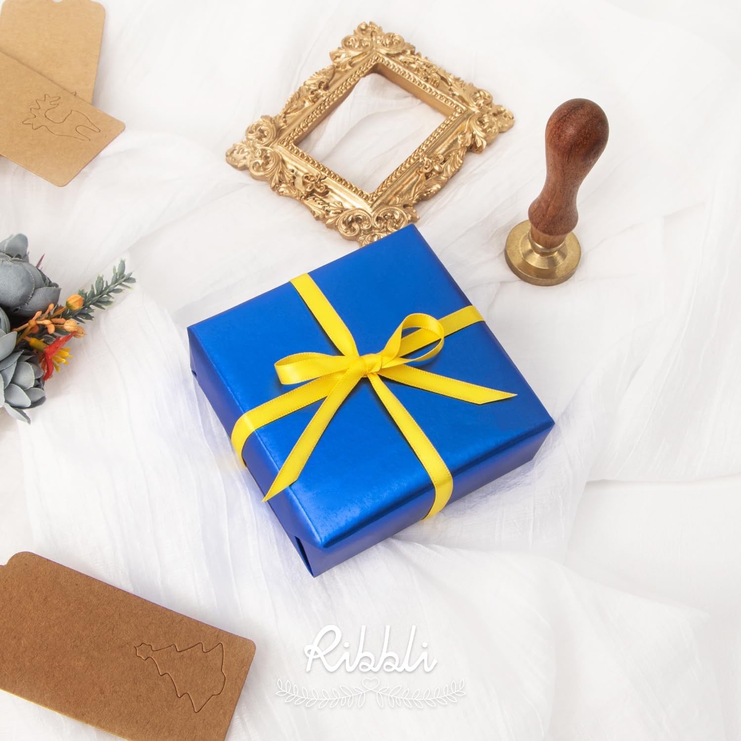 Ribbli Dusty Blue Satin Ribbon,Double Faced Satin 1/4 inch x Continuous 50 Yards,Dusty Blue Ribbon Use for Bows Bouquet,Gift Wrapping,Wedding Decoration,Floral Arrangement(Maize Yellow)