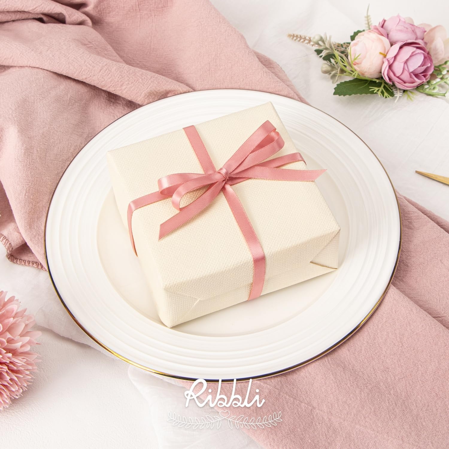 Ribbli Dusty Blue Satin Ribbon,Double Faced Satin 1/4 inch x Continuous 50 Yards,Dusty Blue Ribbon Use for Bows Bouquet,Gift Wrapping,Wedding Decoration,Floral Arrangement(Rose Gold)