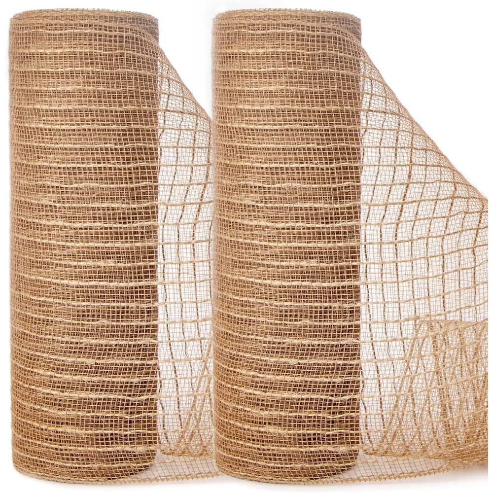 Ribbli 2 Rolls Burlap Mesh Ribbon,10 inch x 30 feet(10Yard) Each Roll,Natural with Jute,Use for Wreath Swags and Decorating(Beige/Natural)