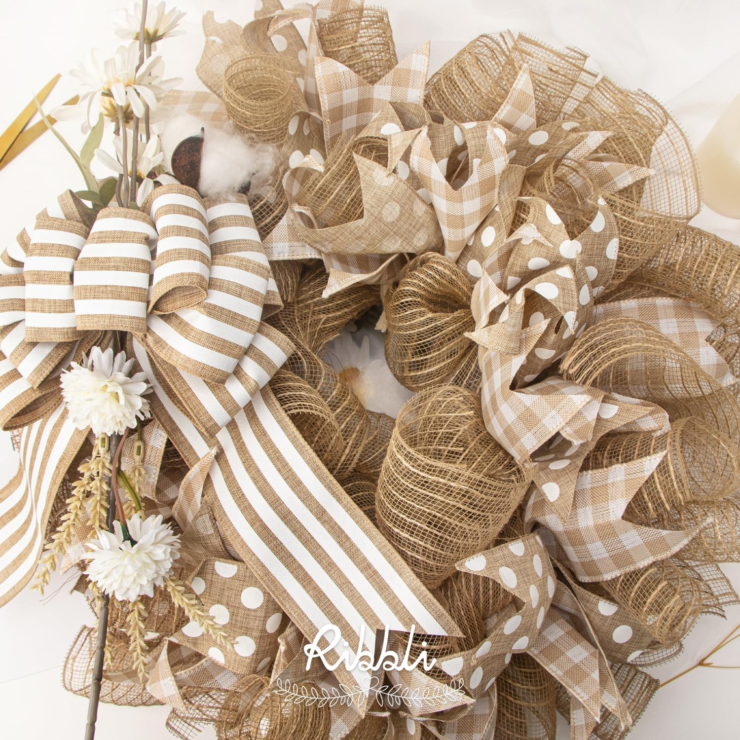 Ribbli 2 Rolls Burlap Mesh Ribbon,10 inch x 30 feet(10Yard) Each Roll,Natural with Jute,Use for Wreath Swags and Decorating(Beige/Natural)