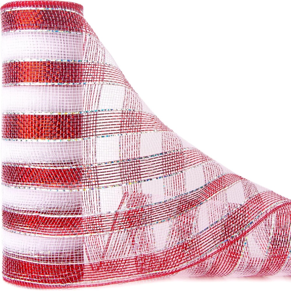 Ribbli Poly Burlap Mesh Ribbon, 10 inch x 30 feet(10Yard), Natural with Jute, Christmas Ribbon for Wreath Swags and Christmas Tree Decoration(Red/White)