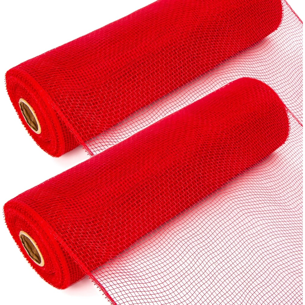 Ribbli 2 Rolls Black Mesh Ribbon,10 inch x 30 feet(10Yard) Per Roll, Mesh Ribbon for Wreath Swags and Halloween Decoration (Non-Metallic)(2Rolls-Red)