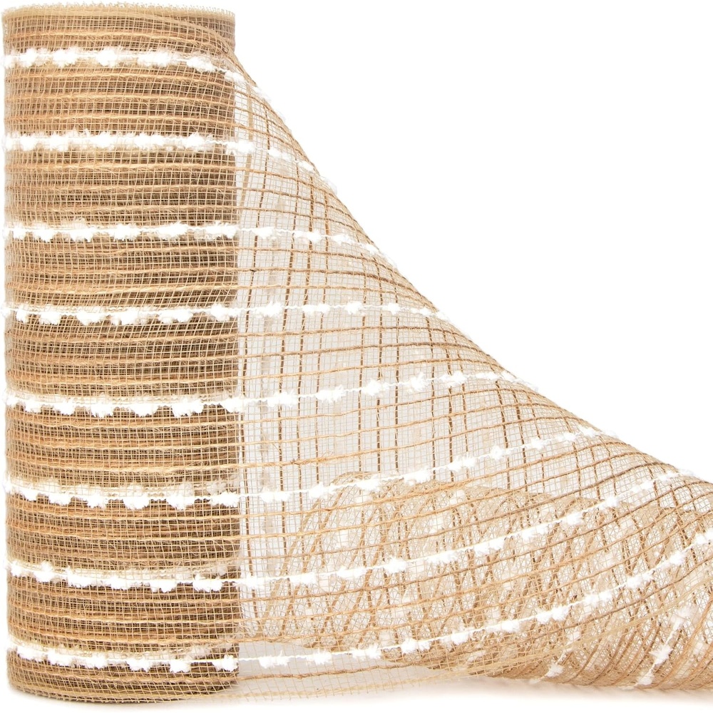 Ribbli Jute Burlap Mesh Ribbon,10 inch x 30 feet(10Yard), Natural with Jute and Gold Foil, Christmas Ribbon for Wreath Swags and Christmas Tree Decoration(Beige/White)