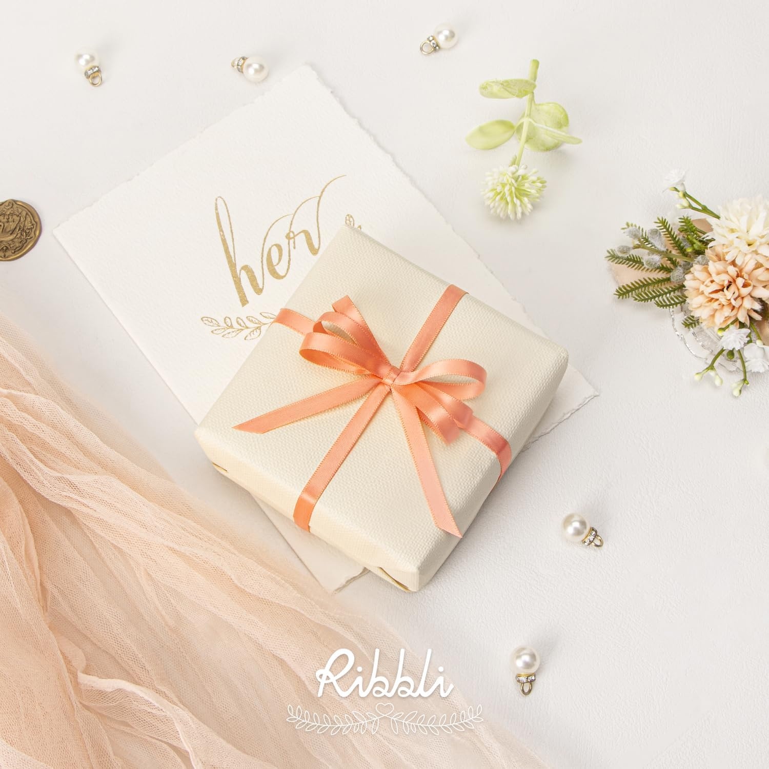 Ribbli Dusty Blue Satin Ribbon,Double Faced Satin 1/4 inch x Continuous 50 Yards,Dusty Blue Ribbon Use for Bows Bouquet,Gift Wrapping,Wedding Decoration,Floral Arrangement(Peach)