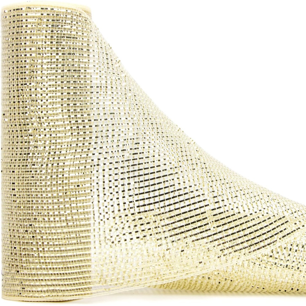 Ribbli White Metallic Mesh Ribbon, 10 inch x 30 feet(10Yard), White with Iridescent Wide Foil, Christmas Ribbon for Wreath Swags and Christmas Tree(Cream/Gold)