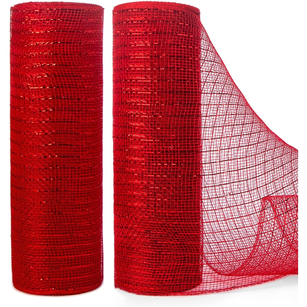 Ribbli 2 Rolls Burlap Mesh Ribbon,10 inch x 30 feet(10Yard) Each Roll,Natural with Jute,Use for Wreath Swags and Decorating(Red)