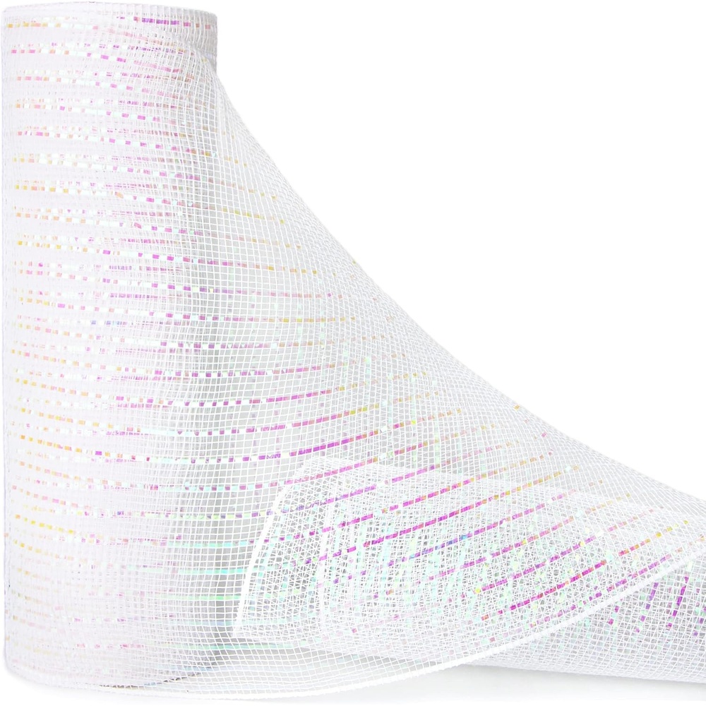 Ribbli White Metallic Mesh Ribbon, 10 inch x 30 feet(10Yard), White with Iridescent Wide Foil, Christmas Ribbon for Wreath Swags and Christmas Tree(White/Iridescent)