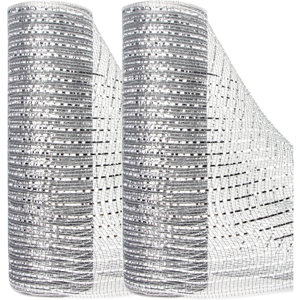 Ribbli 2 Rolls Burlap Mesh Ribbon,10 inch x 30 feet(10Yard) Each Roll,Natural with Jute,Use for Wreath Swags and Decorating(Silver)