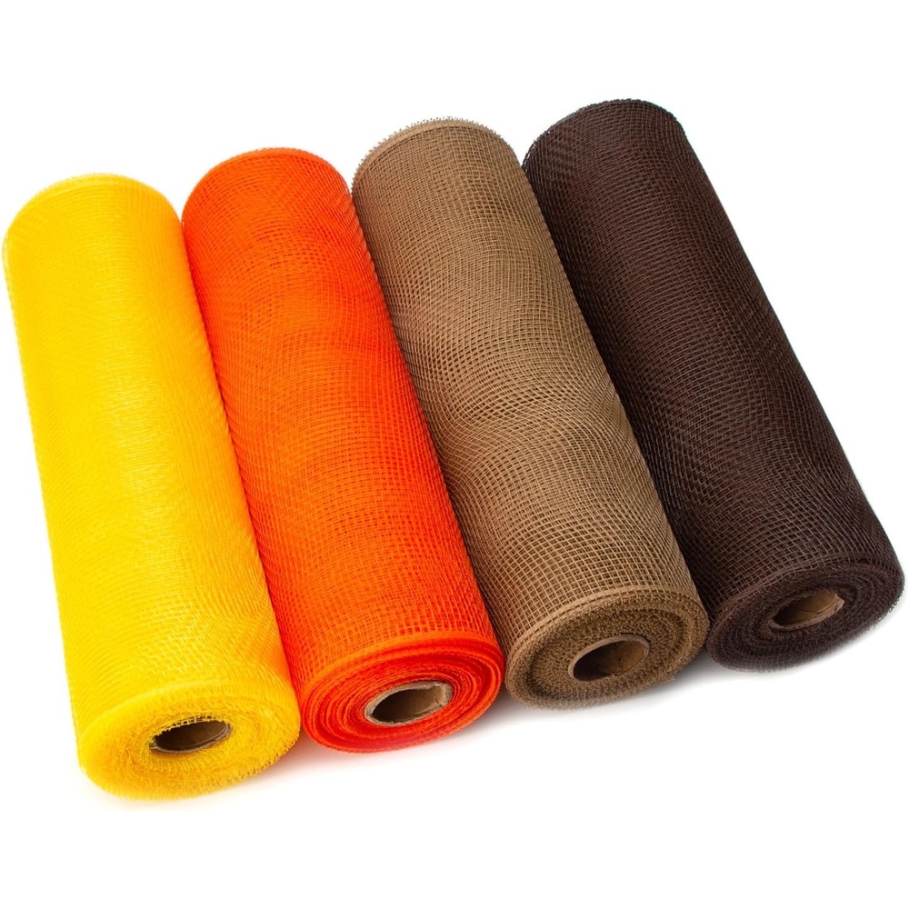 Ribbli 4 Rolls Fall Mesh Ribbon, 10 inch x 30 feet(10Yard) Each Roll,Fall Ribbon for Wreath Swags-Yellow Gold/Orange/Beige/Chocolate Brown