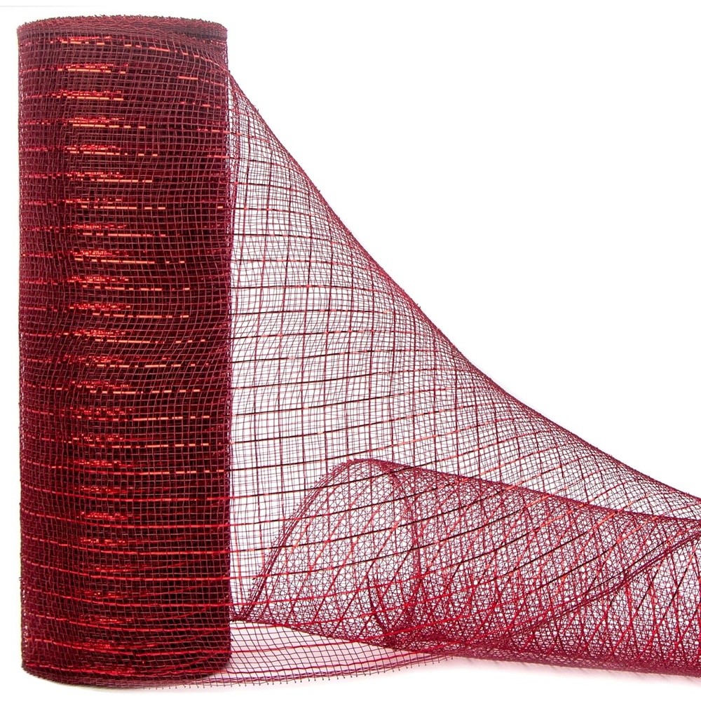 Ribbli Poly Burlap Mesh Ribbon, 10 inch x 30 feet(10Yard), Natural with Jute, Christmas Ribbon for Wreath Swags and Christmas Tree Decoration(Burgundy/Red)