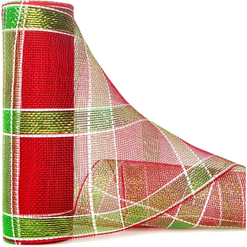 Ribbli Christmas Tree Mesh Ribbon,Red and Lime Green Mesh 10 inch x 30 feet(10Yard),Red with Green and White Foil, Christmas Ribbon for Wreath Swags and Christmas Tree