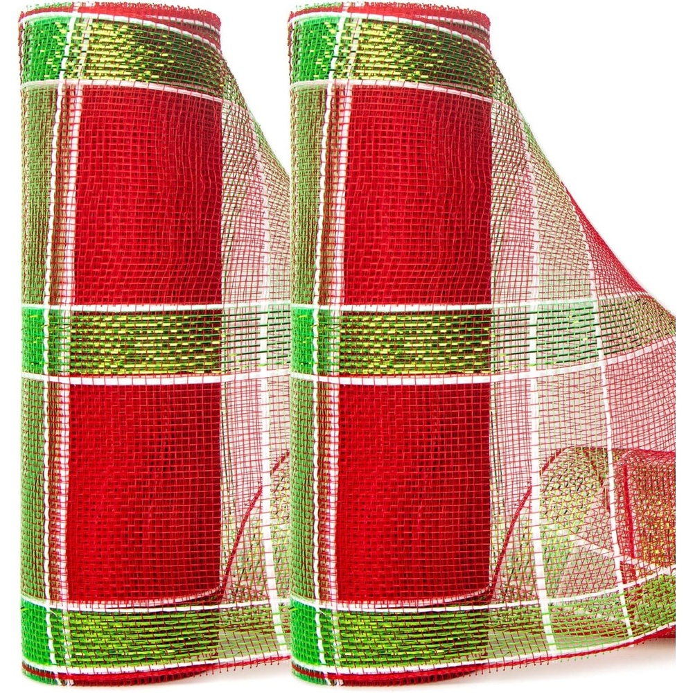 Ribbli Christmas Tree Mesh Ribbon-2 Rolls Red and Lime Green Check Mesh 10 inch x 30 feet(10Yard), Red with Green and White Foil, Christmas Ribbon for Wreath Swags and Trees