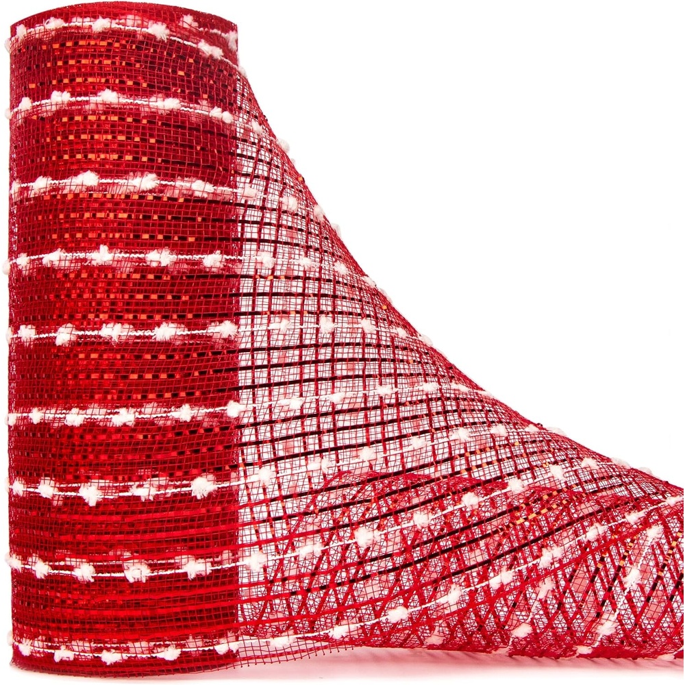 Ribbli Jute Burlap Mesh Ribbon,10 inch x 30 feet(10Yard), Natural with Jute and Gold Foil, Christmas Ribbon for Wreath Swags and Christmas Tree Decoration(Red/White)