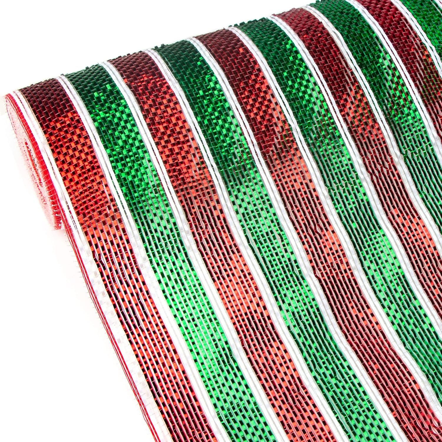Ribbli White Metallic Mesh Ribbon, 10 inch x 30 feet(10Yard), White with Iridescent Wide Foil, Christmas Ribbon for Wreath Swags and Christmas Tree(Red/Green/White)